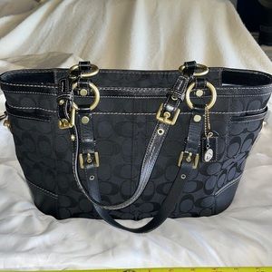 Coach black monogram,2 strap shoulder tote bag w/ pale blue interior